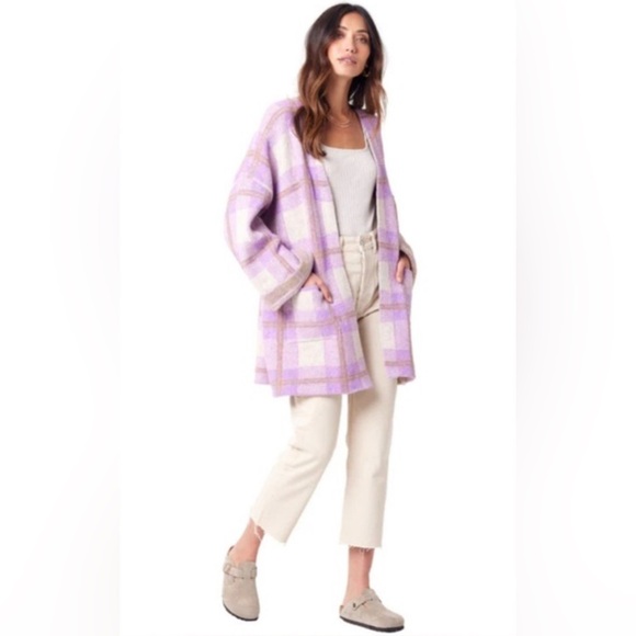 SALTWATER LUXE charli sweater cardigan in lilac purple plaid small - Picture 2 of 8